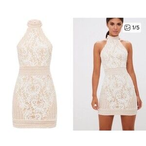 NWT PrettyLittleThing white high neck lace crochet bodycon dress USA Sz 4